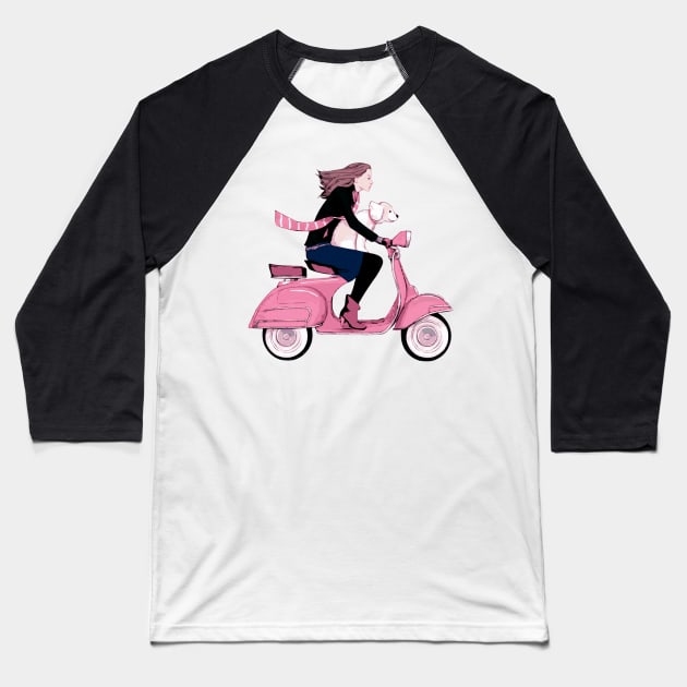 Fun Girl and Dog on Pink Scooter Baseball T-Shirt by SandraKC